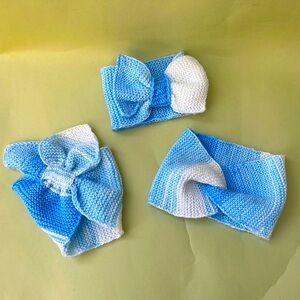 New white/blue bundle of three wool blend hand knitted headband/ear warmers
